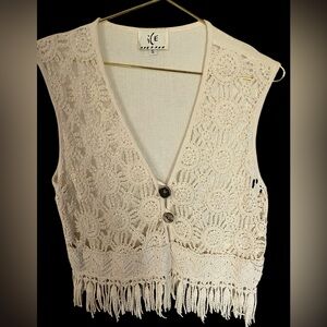 Vintage ICE Cream Lace Crochet Vest with Fringe Size S